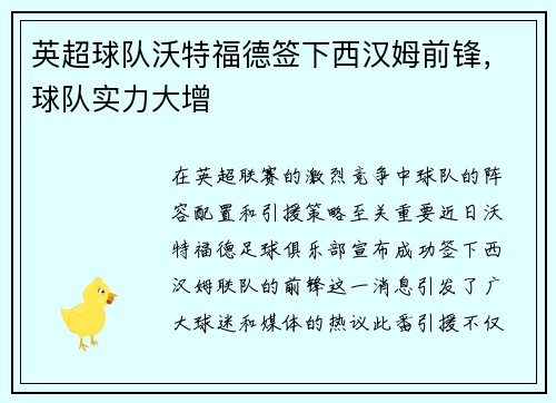英超球队沃特福德签下西汉姆前锋，球队实力大增